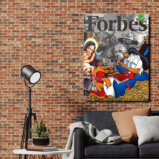 Pop art obraz na plátně v industriálním obýváku s kačerem, býkem Wall Street, madonou a motivem peněz