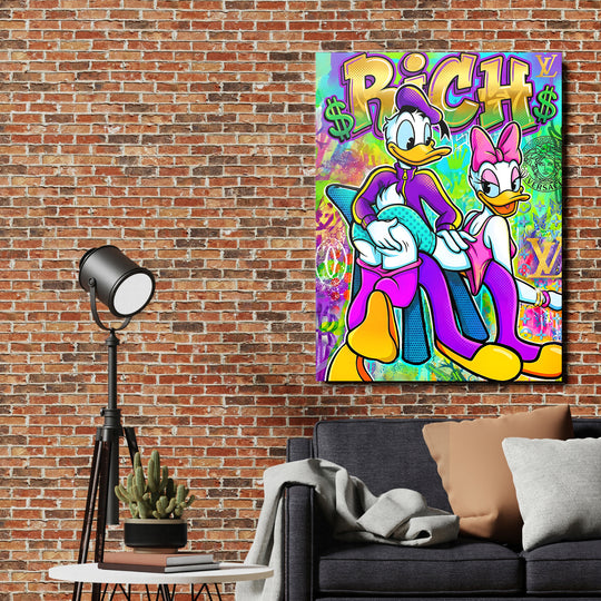 Motivační pop art obraz na zeď s Donaldem a Daisy v graffiti stylu a dolarovými symboly