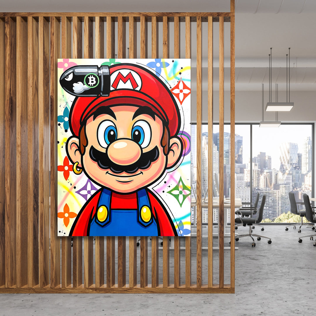Pop art obraz Maria s bitcoin kulkou na dřevěných lamelách v moderní kanceláři jako motivační obraz