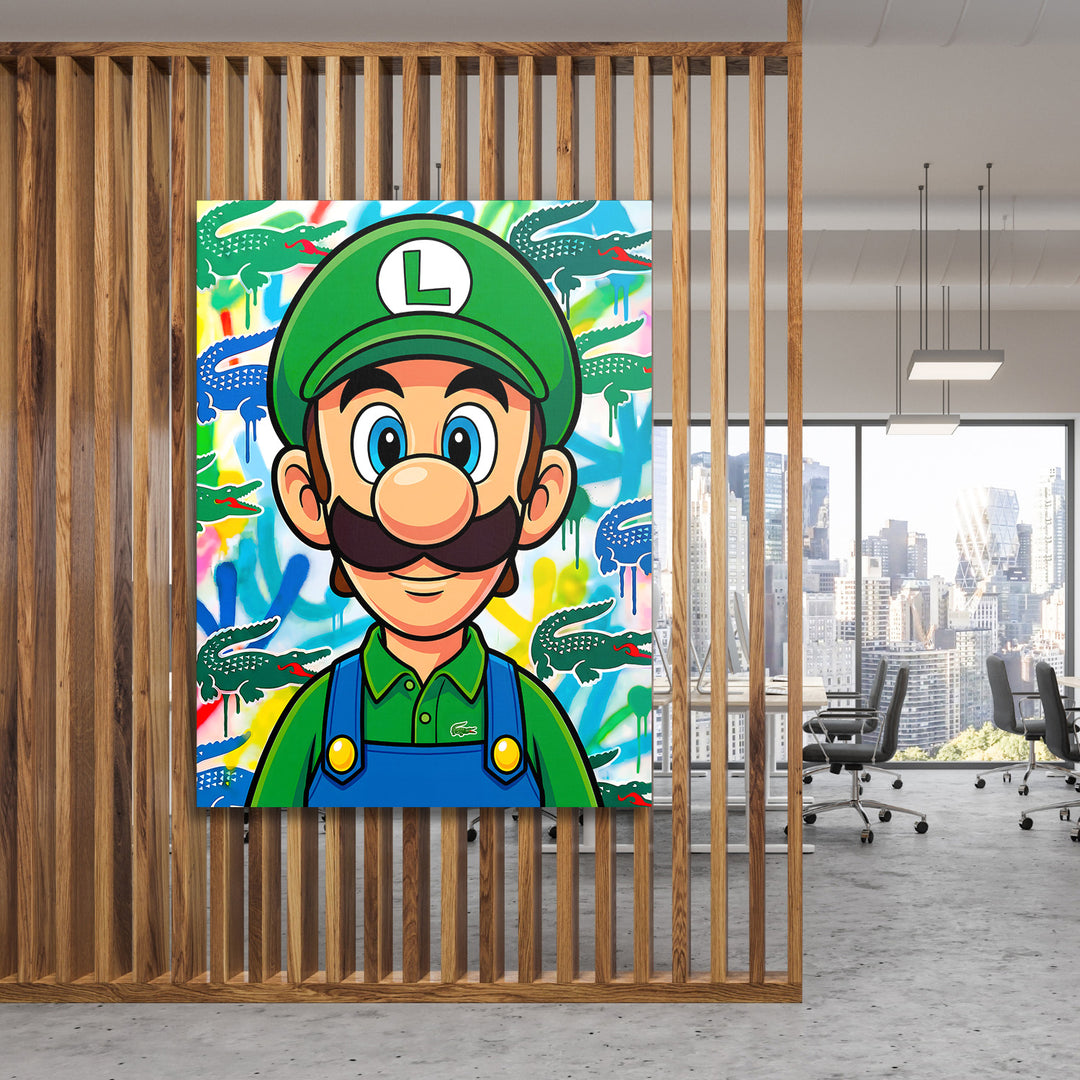 Pop art obraz na plátně s postavou v zeleném kšiltu a graffiti krokodýly jako lifestyle motivace do kanceláře
