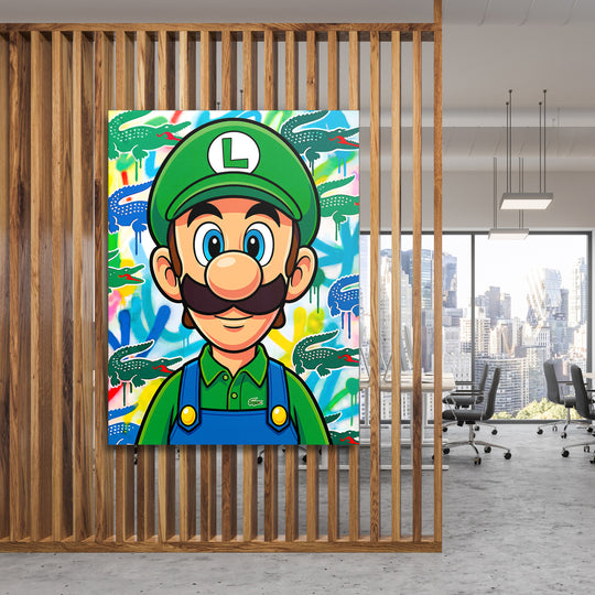 Pop art obraz na plátně s postavou v zeleném kšiltu a graffiti krokodýly jako lifestyle motivace do kanceláře