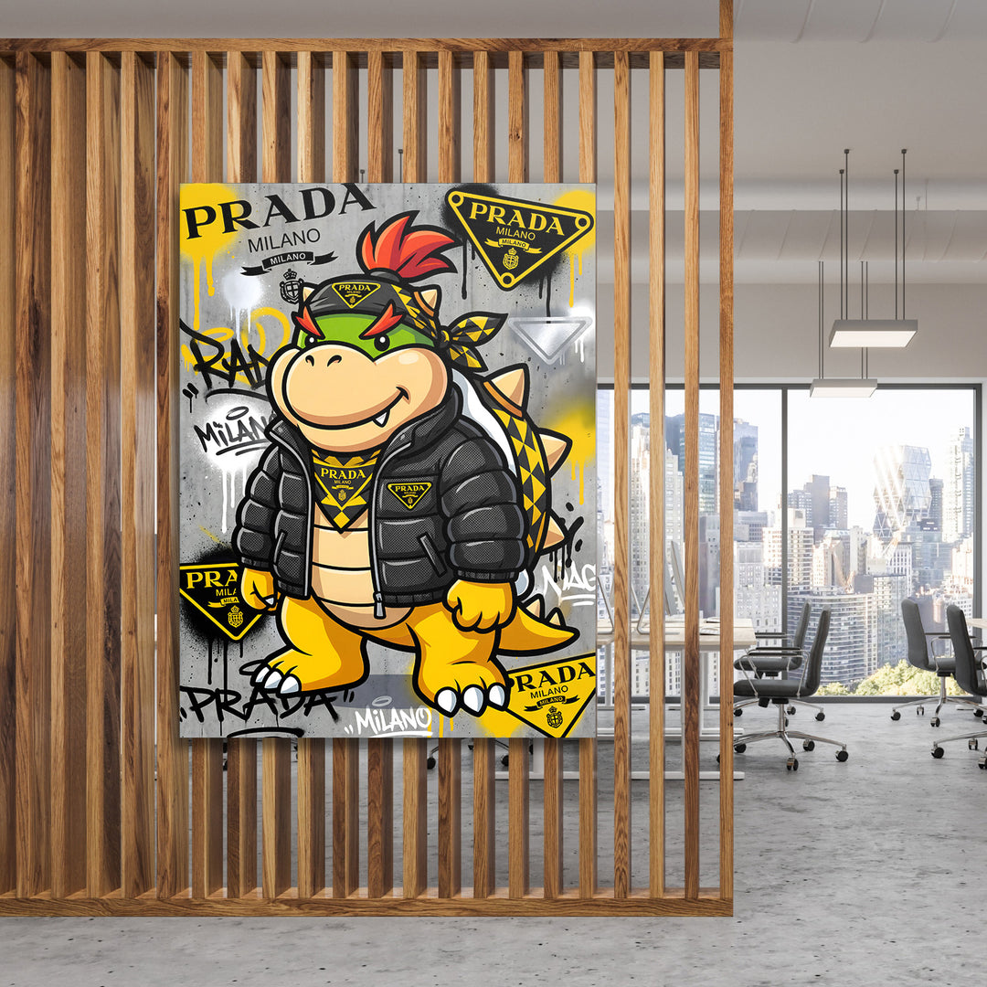 Pop art obraz Bowser v graffiti stylu s logem Prada jako motivační obraz na zeď do moderní firemní kanceláře