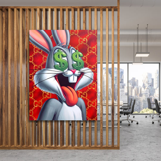 Pop art obraz do kanceláře, králík s dolarovými znaky v očích na červeném pozadí