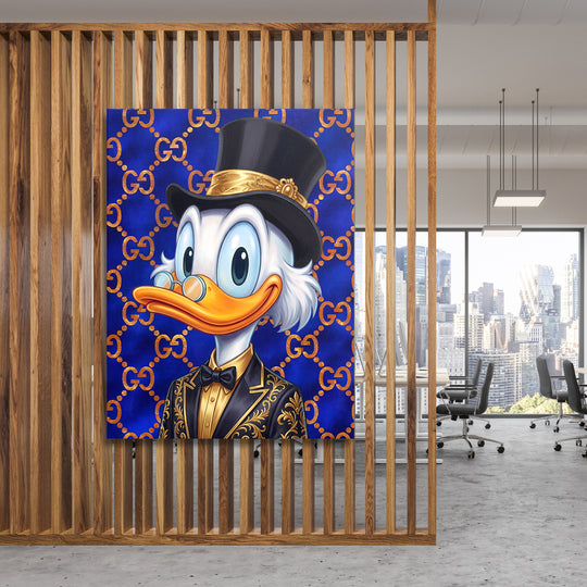 Luxusní obraz na plátně do kanceláře, pop art kačer v cylindru na modrém elegantním pozadí