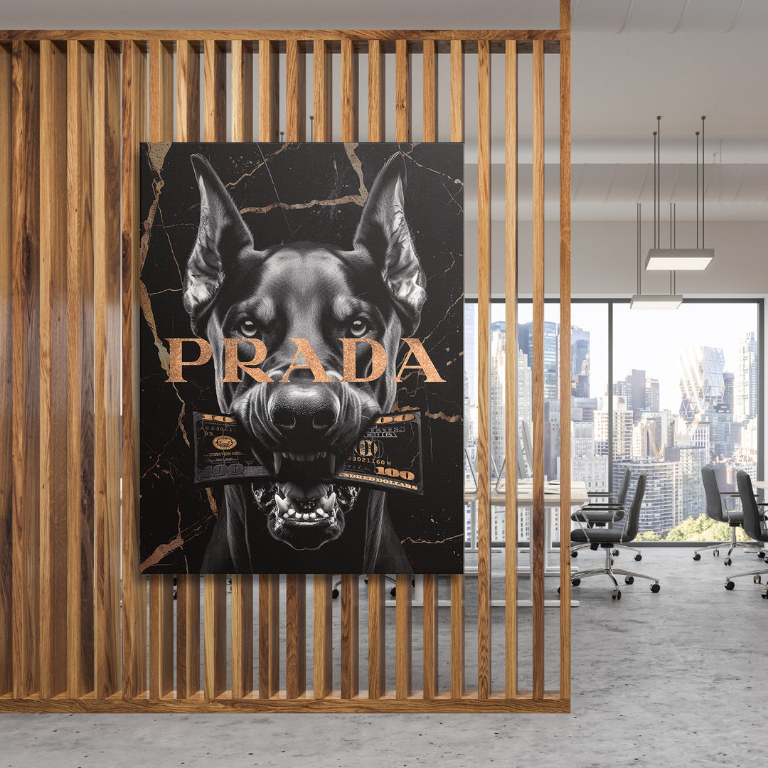 Luxusní motivační obraz na plátně do kanceláře, černý pes s bankovkou a zlatý nápis PRADA, lifestyle dekor