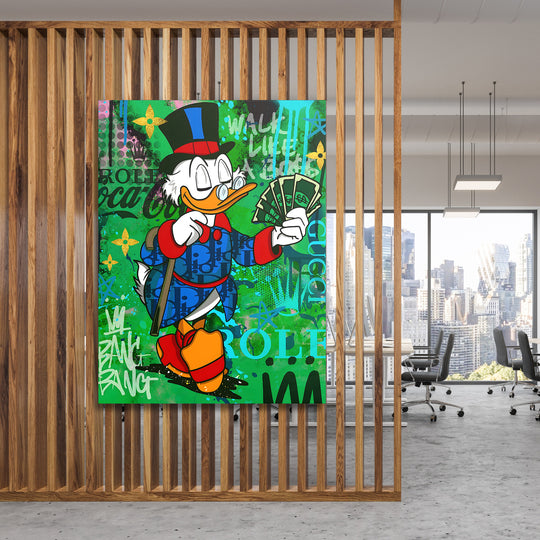 Motivační pop art obraz na plátně s Kačerem Skrblíkem a penězi v moderní kanceláři