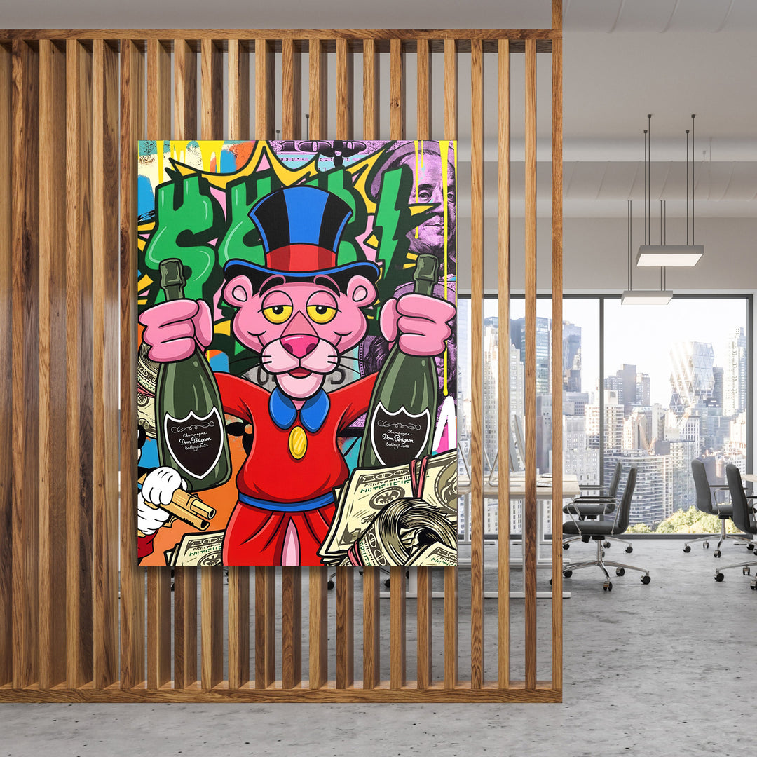 Pop art motivační obraz na plátně s růžovou panterkou, šampaňským a dolarovým motivem v kanceláři