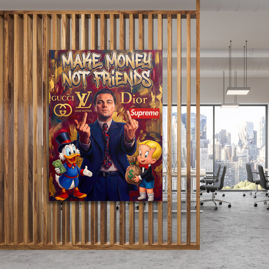 Motivační pop art obraz na plátně „Make Money Not Friends“ s DiCapriem, Strýčkem Skrblíkem a bankovkami