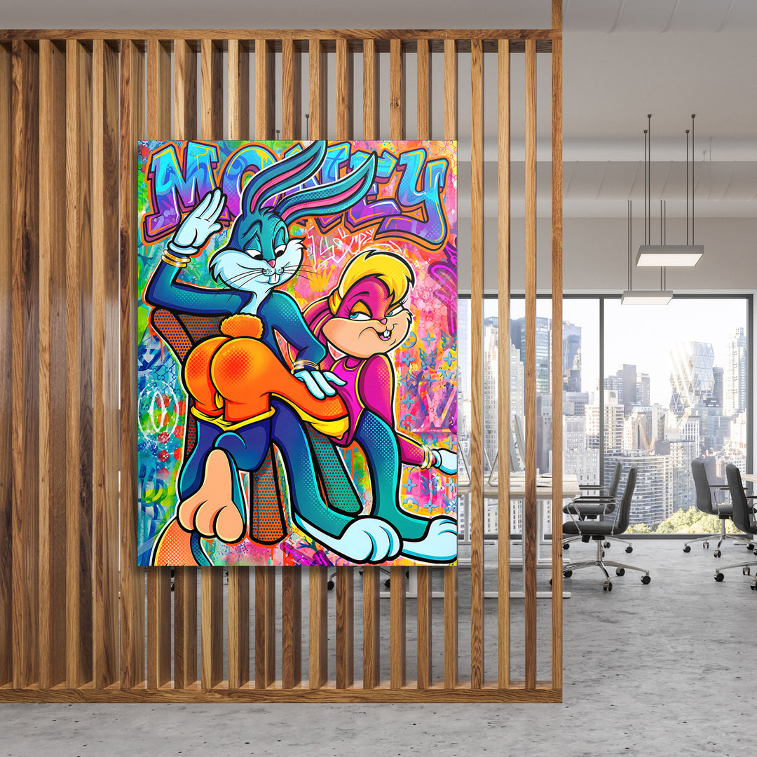 Motivační obraz na plátně s graffiti pop art králíky a motivem peněz v moderní kanceláři