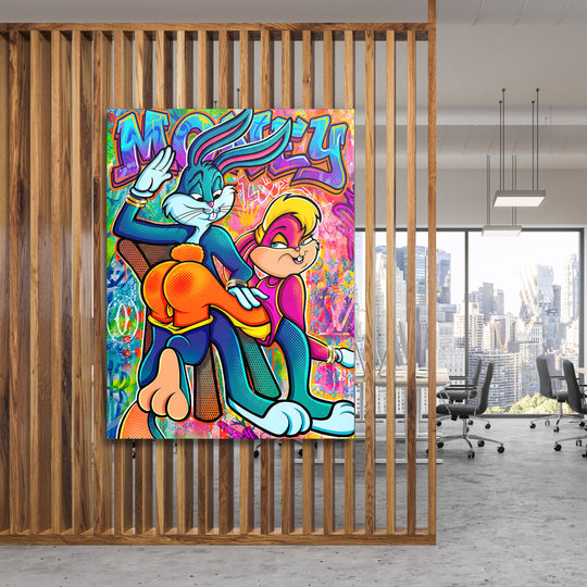 Motivační obraz na plátně s graffiti pop art králíky a motivem peněz v moderní kanceláři