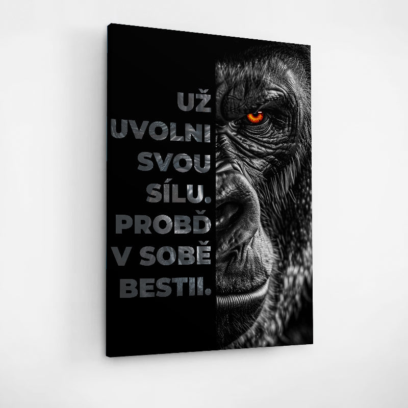Moderní motivační obraz s gorilou a textem: "Už uvolni svou sílu." - motivační citát, motivační obraz česky, BudujImperium.cz