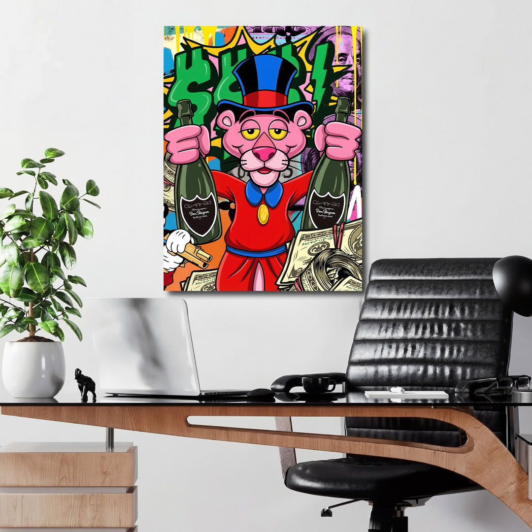 Pop art obraz na zeď do kanceláře s Růžovým Panterem, láhvemi šampaňského a bankovkami, luxusní lifestyle motiv