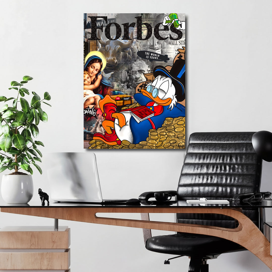 Motivační pop art obraz na zeď s Kačerem Skrblíkem na mincích a koláží Wall Streetu v pracovně