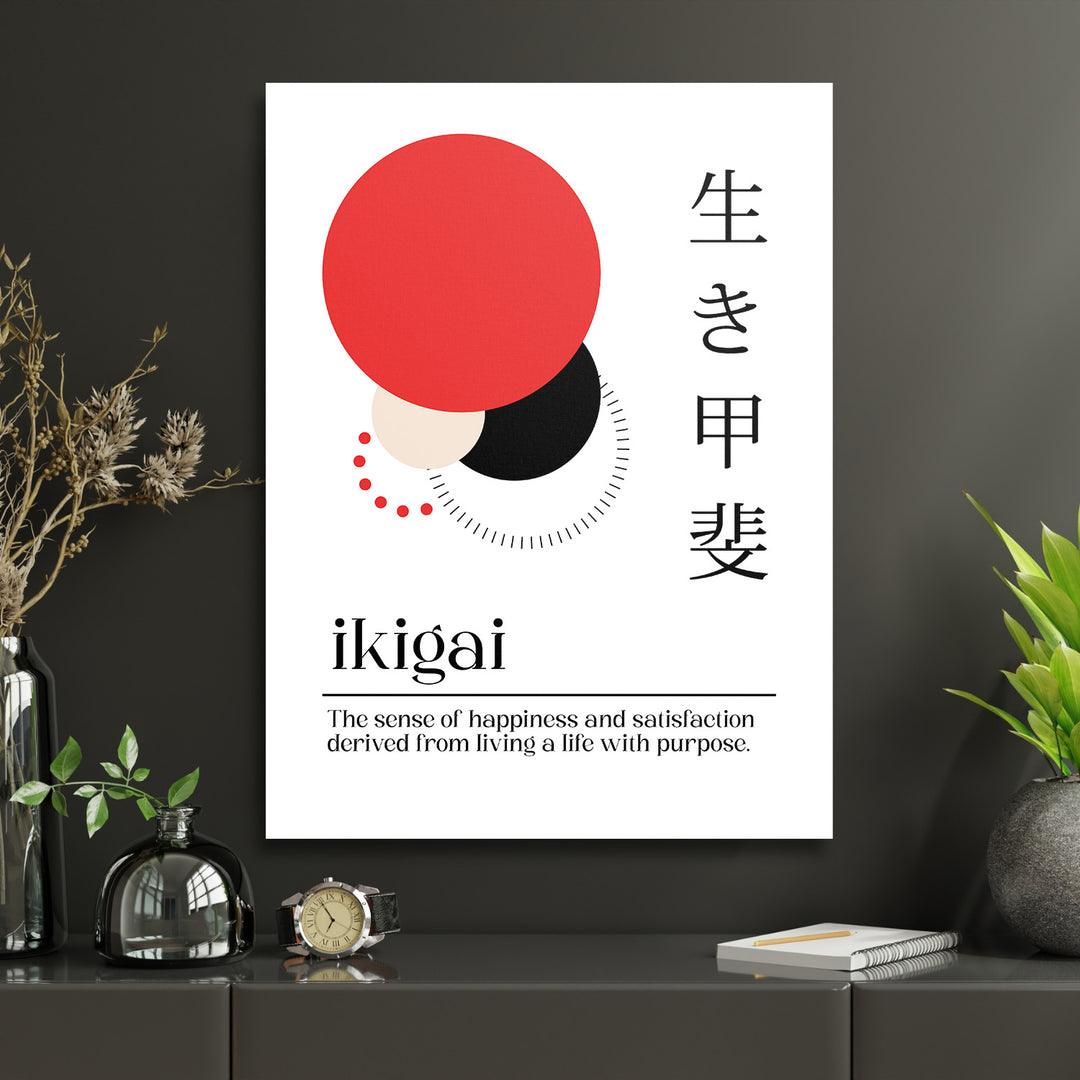 Motivační obraz na zeď do pracovny s japonským citátem ikigai a abstraktními červenými a černými kruhy