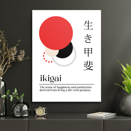 Motivační obraz na zeď do pracovny s japonským citátem ikigai a abstraktními červenými a černými kruhy