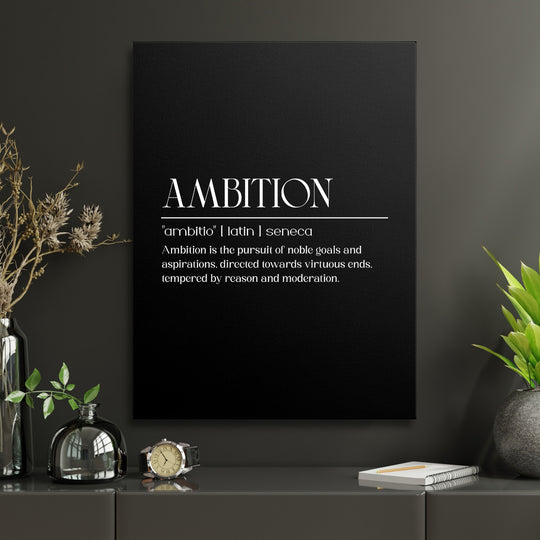 Motivační obraz na plátně s nápisem AMBITION v bílém písmu, minimalistický dekor do moderní pracovny