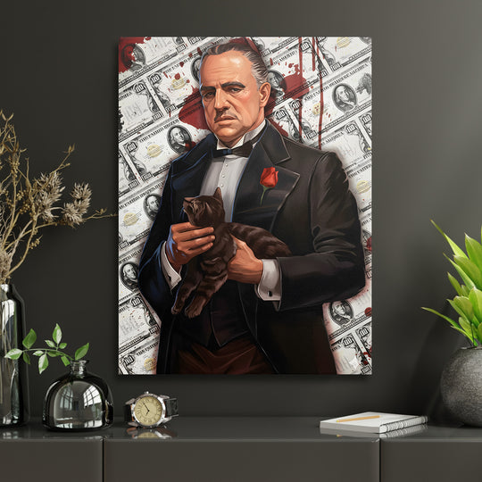 Pop art obraz na zeď mafián v obleku s dolary a černou kočkou, moderní lifestyle motiv
