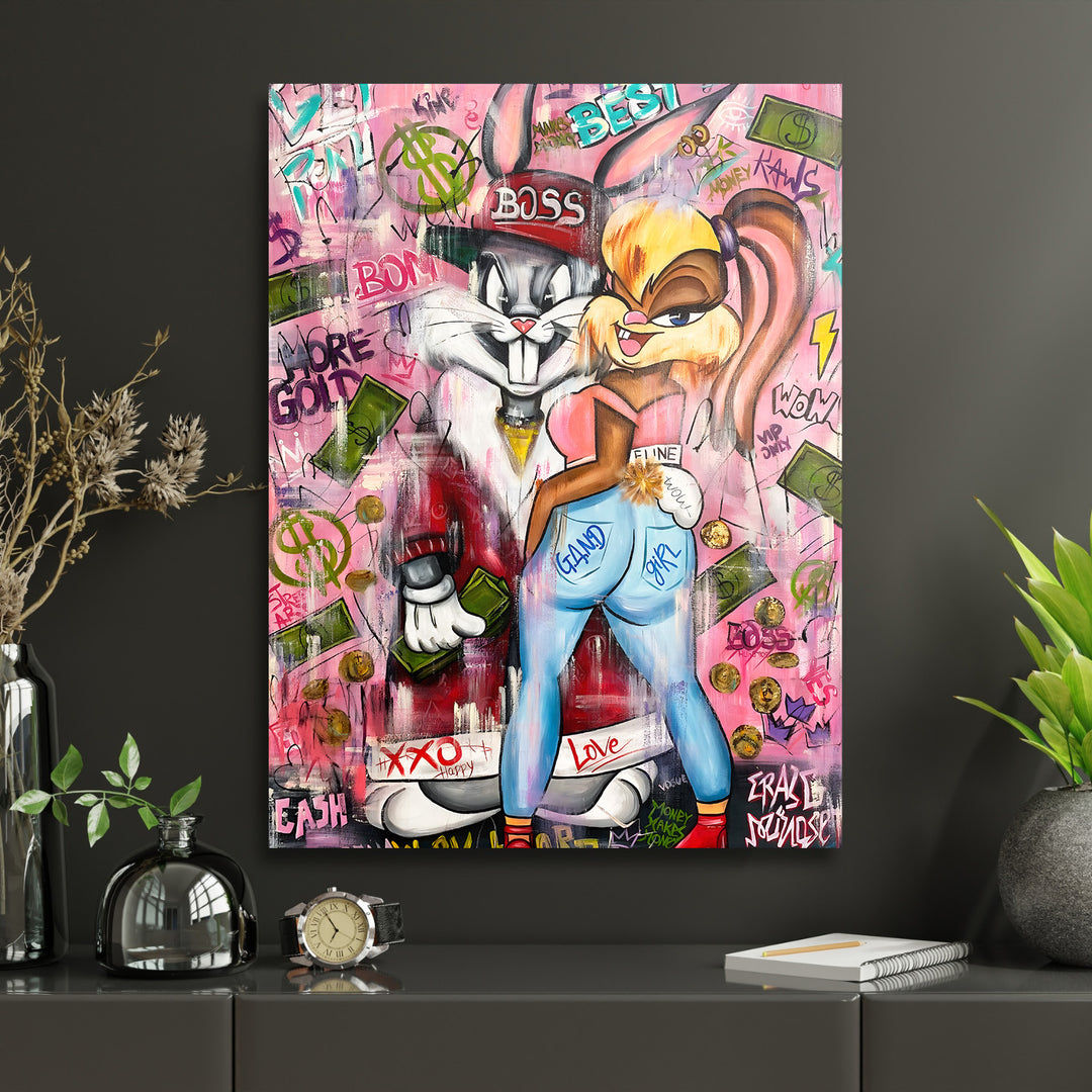 Motivační pop art obraz na zeď do pracovny s graffiti motivem peněz a dvěma kreslenými králíky