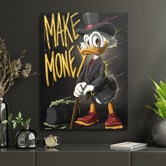 Motivační pop art obraz na zeď s Kačerem Skrblíkem, graffiti nápisem MAKE MONEY a motivem dolarových bankovek