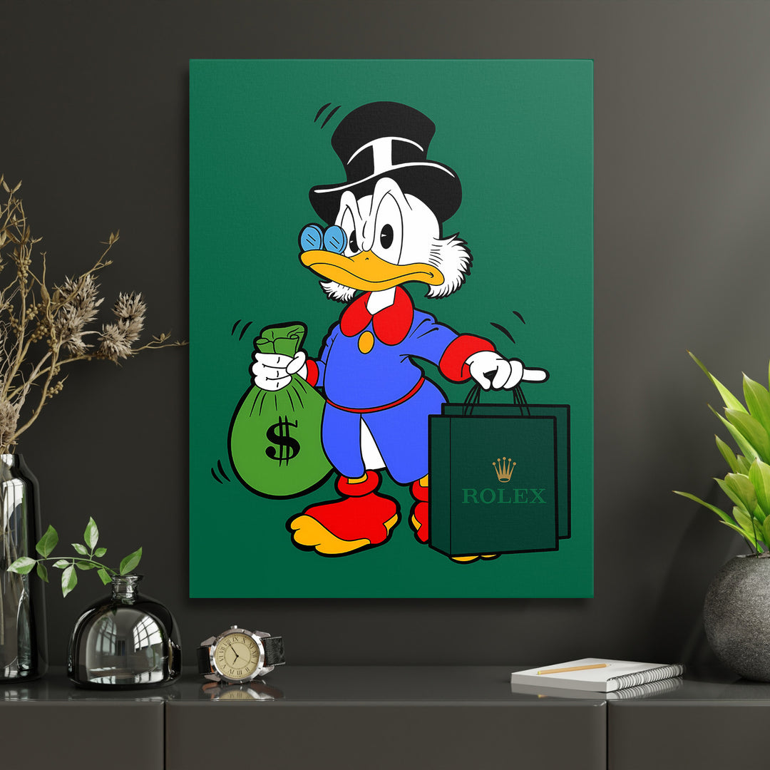 Pop art motivační obraz na plátně do pracovny s kačerem držícím vak s penězi a tašku Rolex
