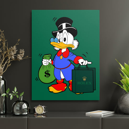 Pop art motivační obraz na plátně do pracovny s kačerem držícím vak s penězi a tašku Rolex