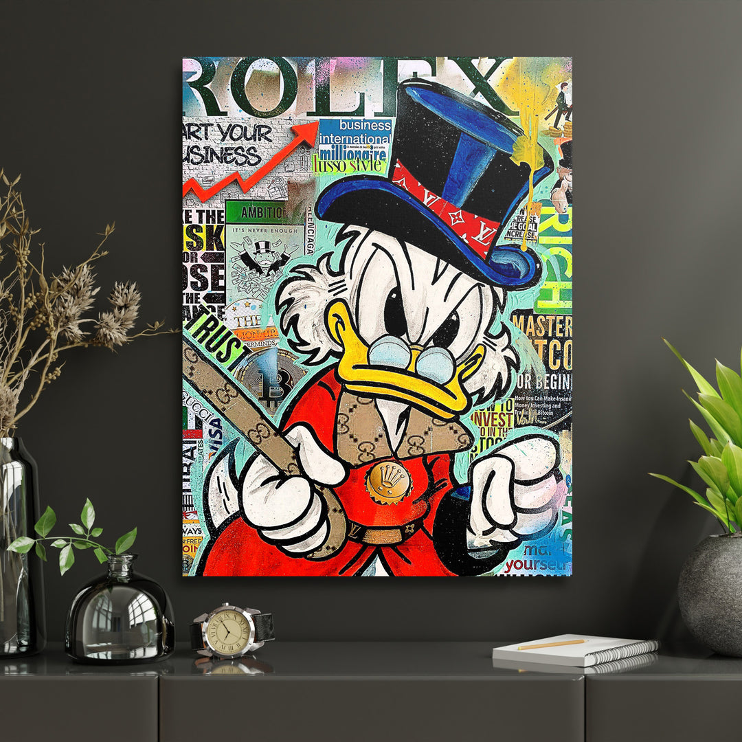 Motivační obraz na plátně s pop-art Káčerem Štístkem a koláží Gucci, Rolex a Bitcoin bankovek