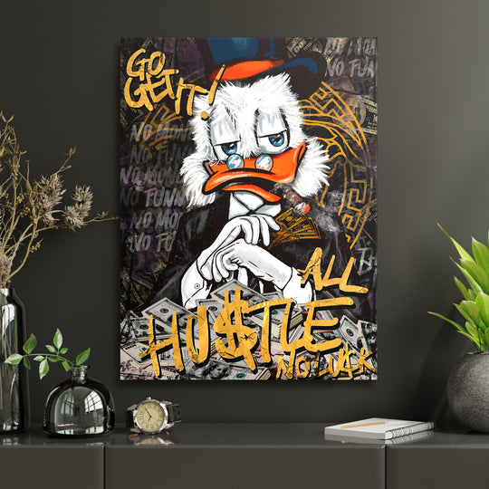 Motivační pop art obraz na zeď s kačerem, graffiti nápisem a dolary v moderní pracovně