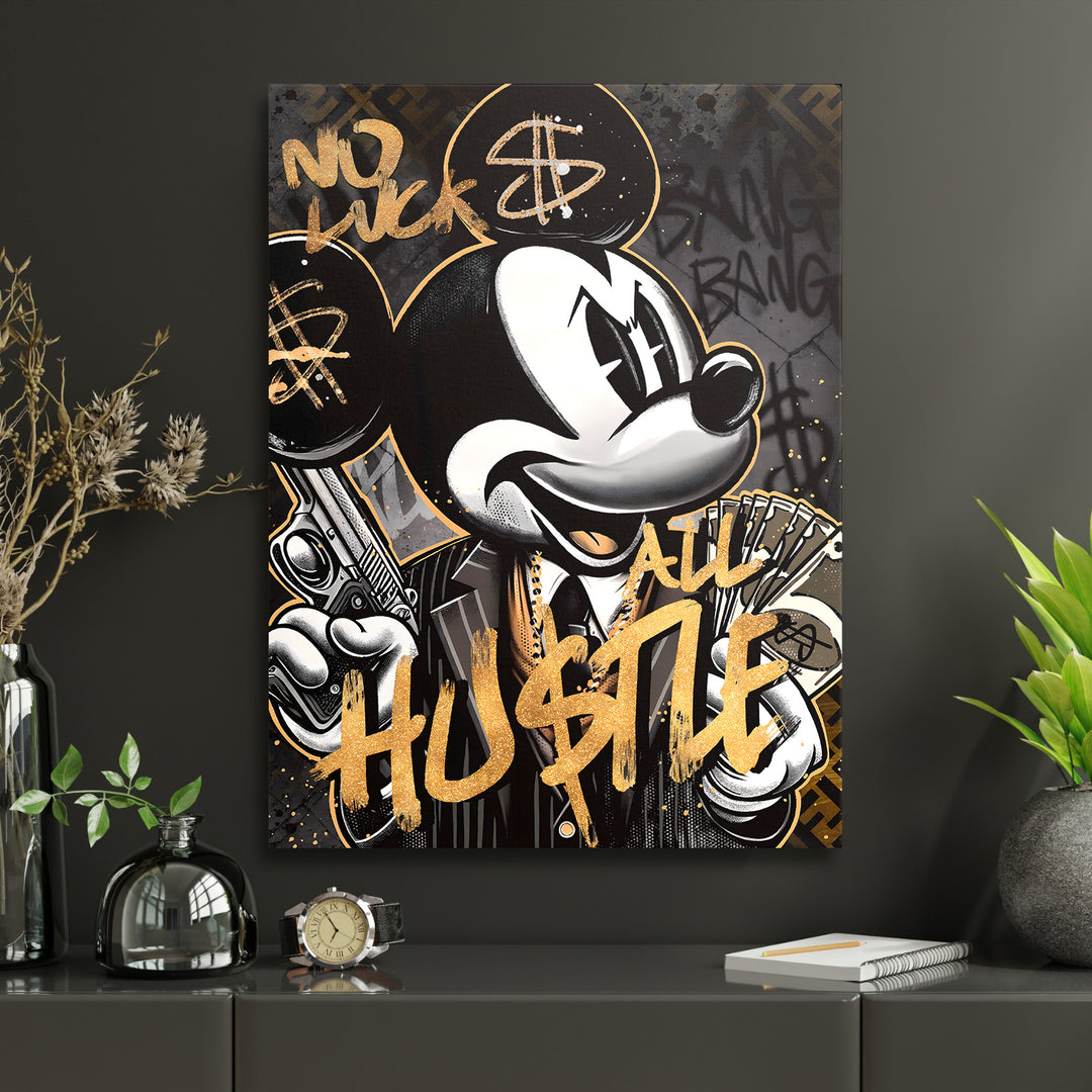 Pop art obraz Mickey Mouse gangstera s pistolí a penězi na plátně jako motivační obraz do pracovny