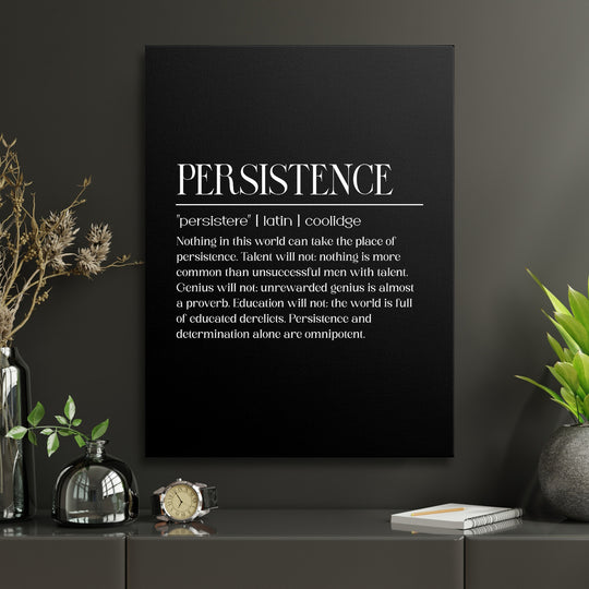 Motivační obraz na plátně s citátem Persistence v černobílém provedení v minimalistické moderní pracovně