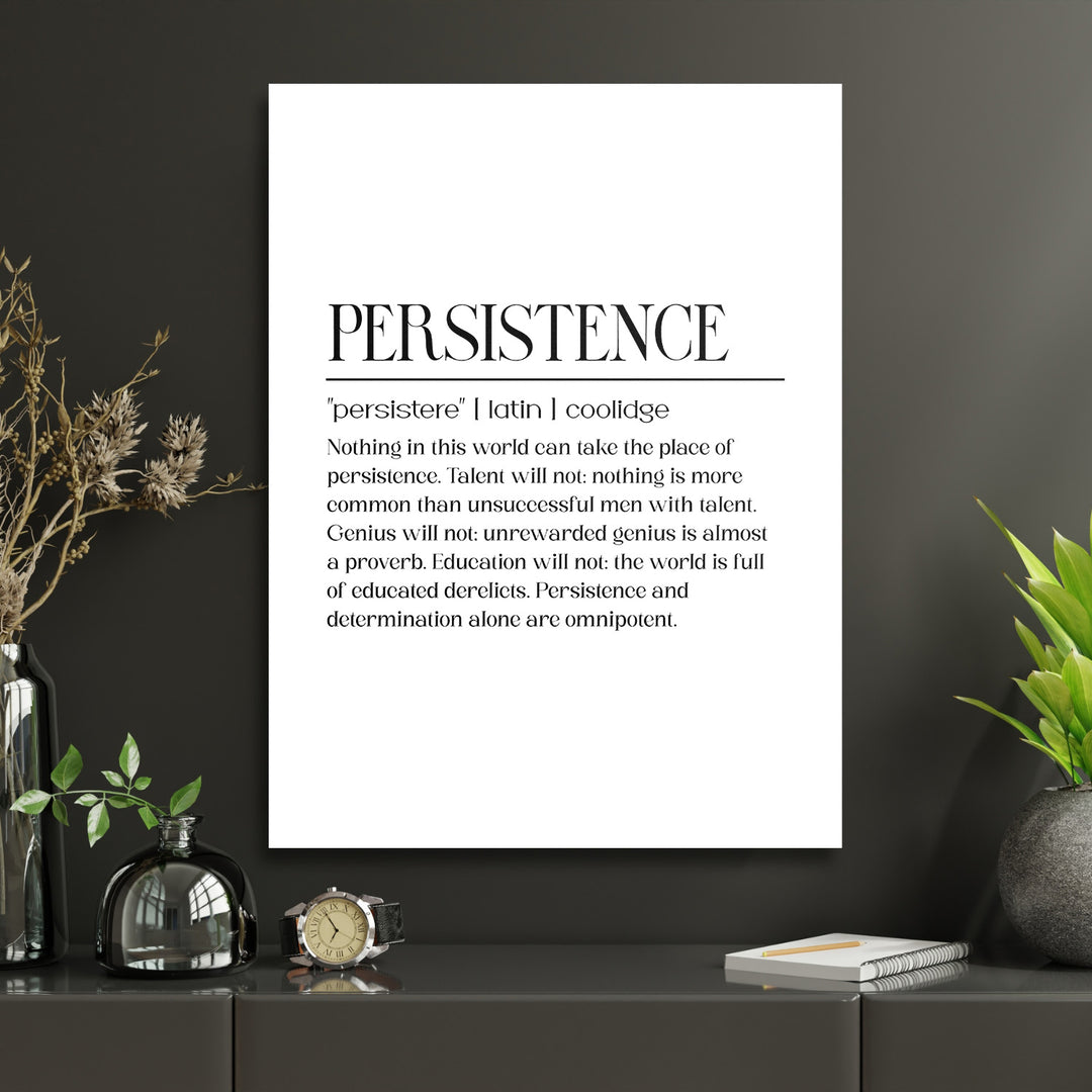 Motivační obraz na plátně do pracovny s minimalistickým černobílým citátem Persistence