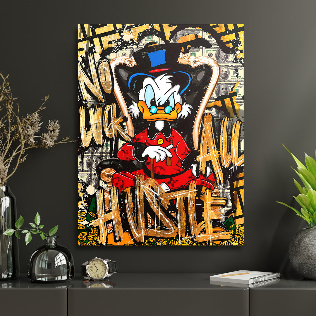 Motivační pop art obraz na plátně s Kačerem Skrblíkem na trůnu a pozadím z dolarových bankovek