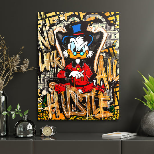 Motivační pop art obraz na plátně s Kačerem Skrblíkem na trůnu a pozadím z dolarových bankovek