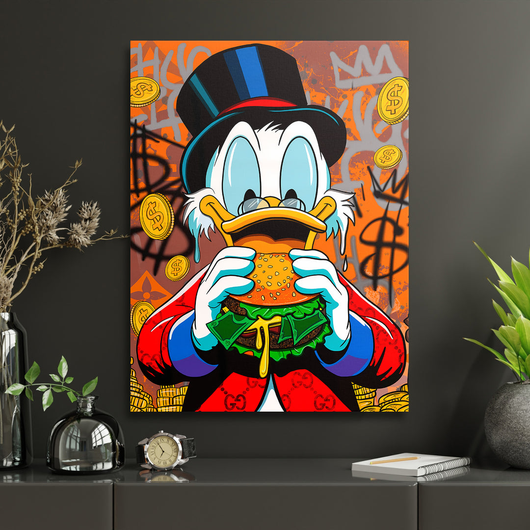 Pop art obraz na zeď v kanceláři s kreslenou kachnou, jak jí burger plný bankovek a zlatých mincí