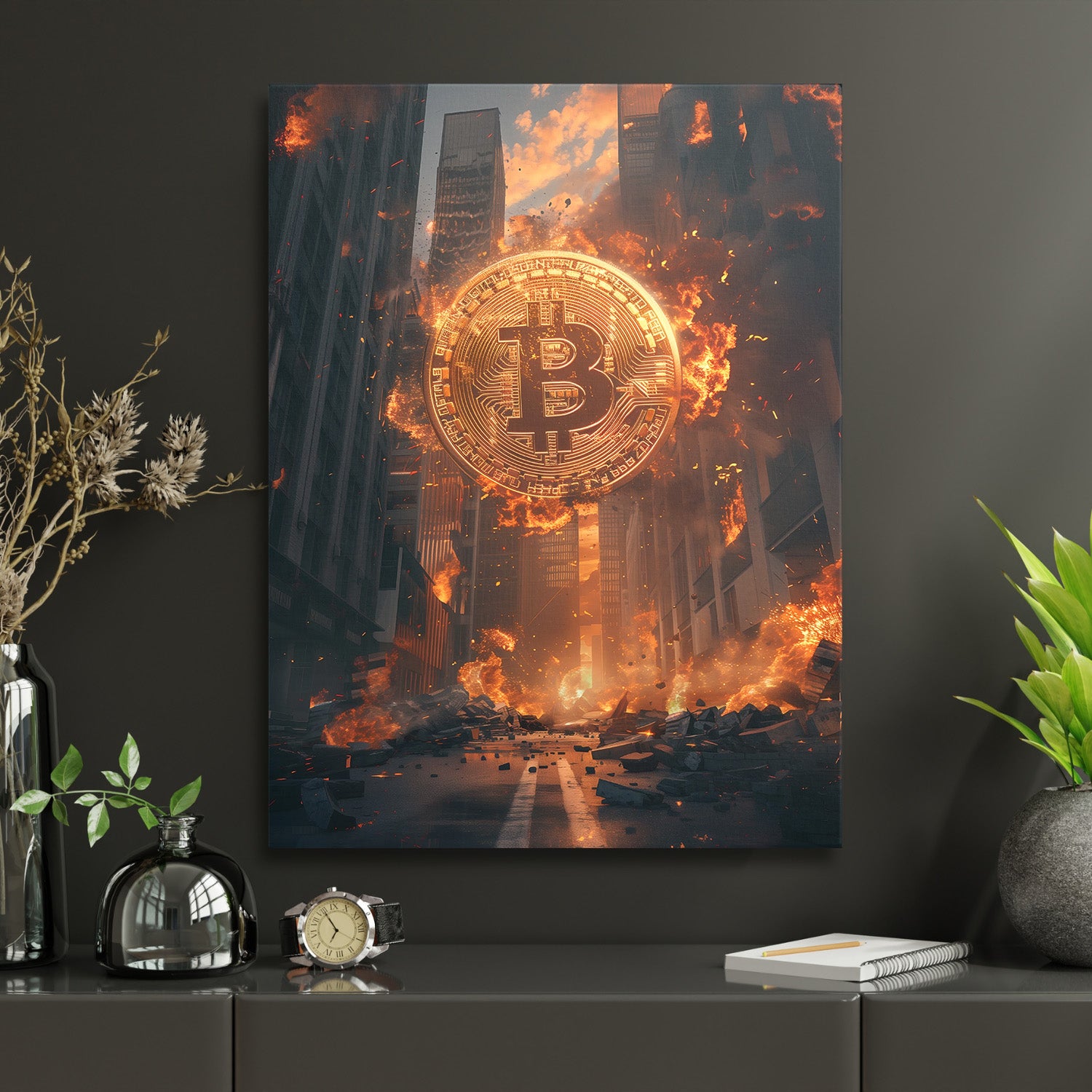 Motivační obraz na plátně s hořícím bitcoinem a apokalyptickou městskou ulicí v pracovně, kryptoměny, dark art