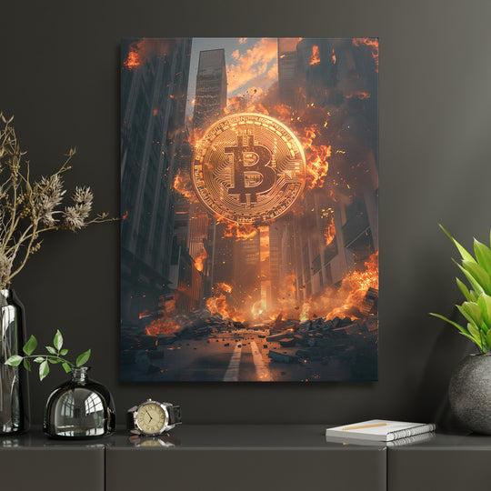 Motivační obraz na plátně s hořícím bitcoinem a apokalyptickou městskou ulicí v pracovně, kryptoměny, dark art