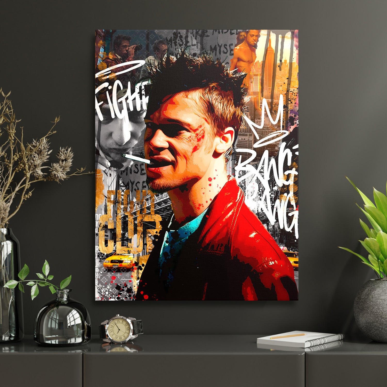 Motivační pop art obraz na plátně do pracovny s portrétem muže s cigaretou, graffiti a městským pozadím