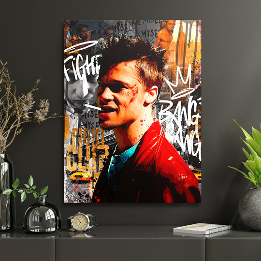 Motivační pop art obraz na plátně do pracovny s portrétem muže s cigaretou, graffiti a městským pozadím