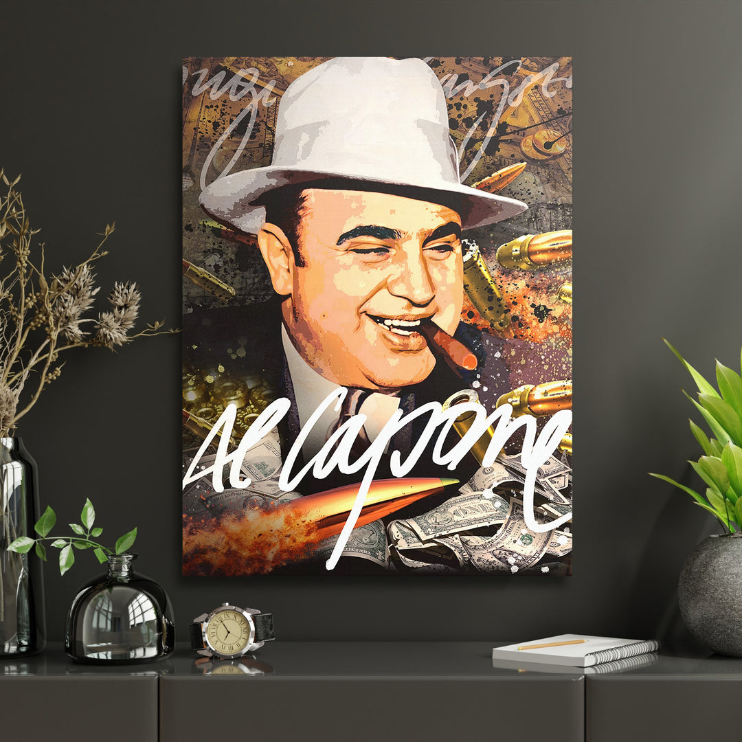 Motivační pop art obraz na zeď s portrétem Al Capone, doutníkem, kulkami a dolarovými bankovkami