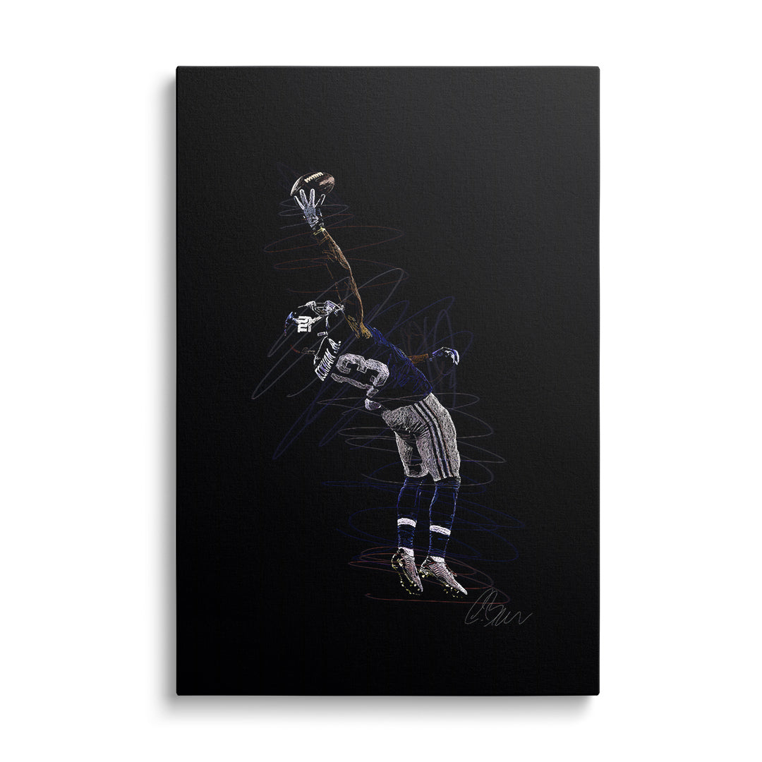 Motivační obraz na plátně se skákajícím fotbalistou chytajícím míč zepředu