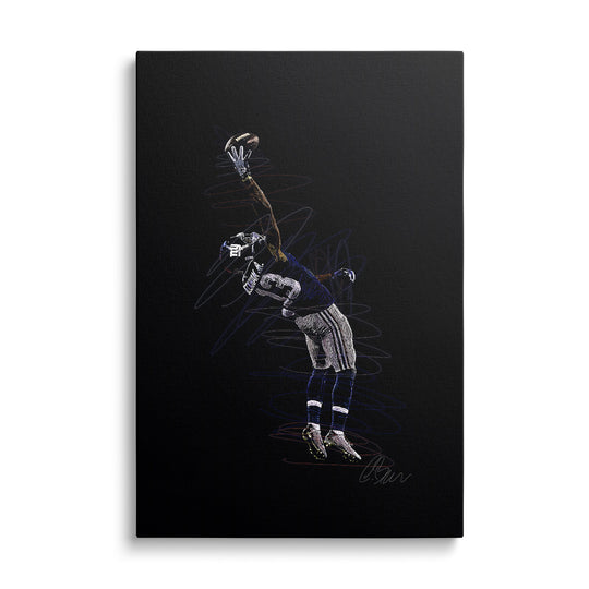 Motivační obraz na plátně se skákajícím fotbalistou chytajícím míč zepředu