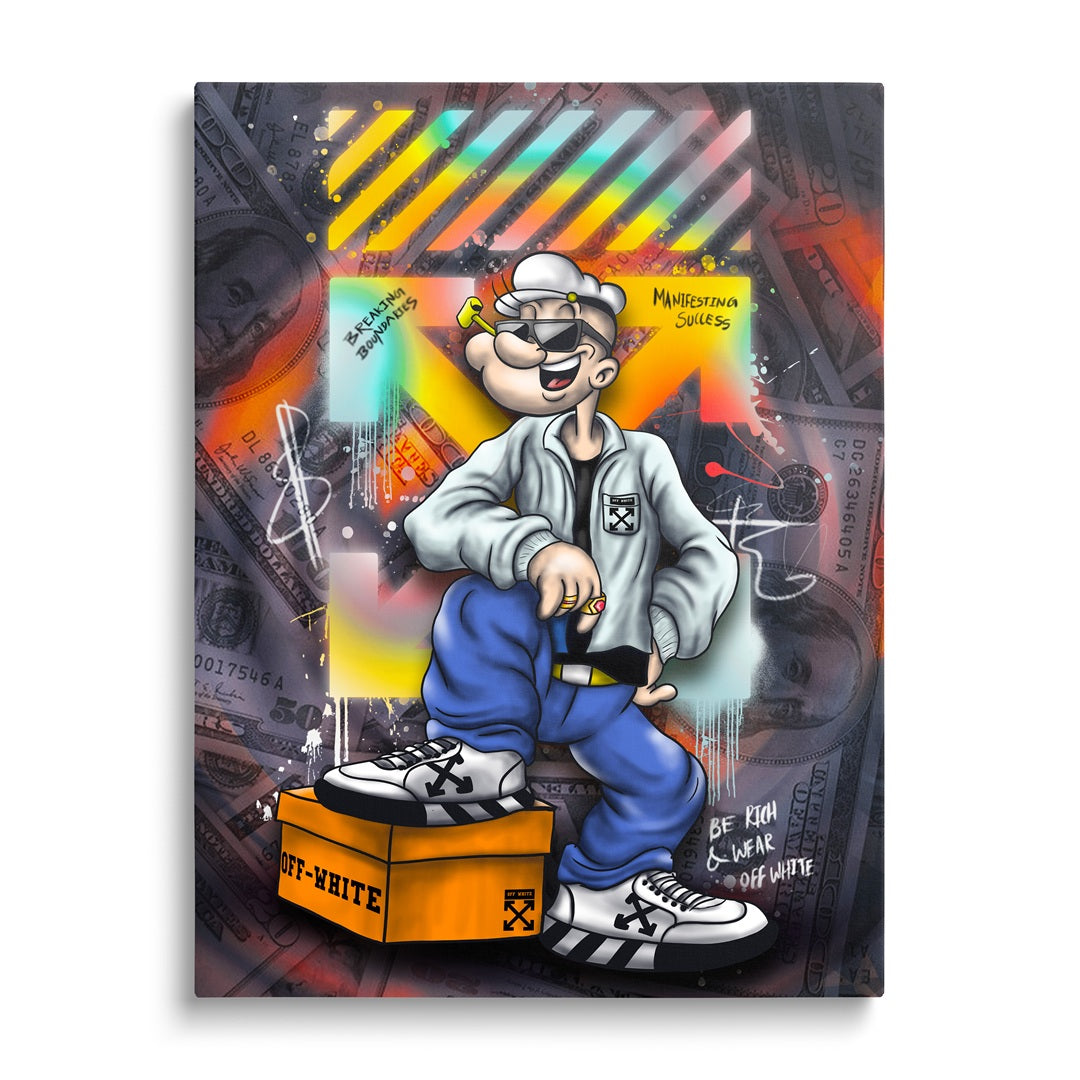 Motivační pop art obraz na plátně s Papajem námořníkem ve street art stylu, neonové barvy a motiv peněz