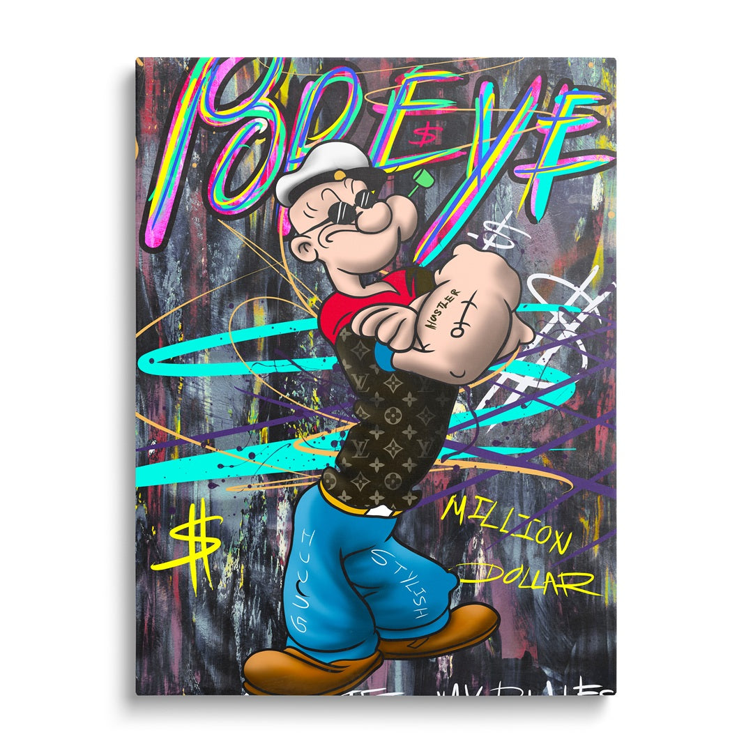 Pop art obraz na plátně s kresleným námořníkem, graffiti nápisem BELIEVE a motivem dolaru, obraz zepředu.