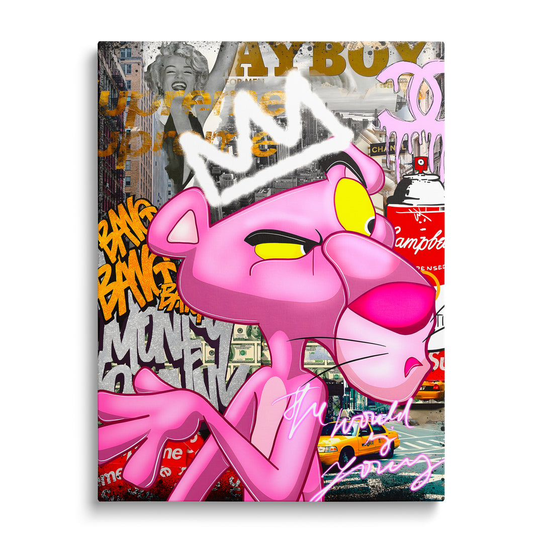Pop art obraz na plátně s Pink Pantherem, graffiti, newyorským taxíkem a Campbell’s polévkou, čelní pohled