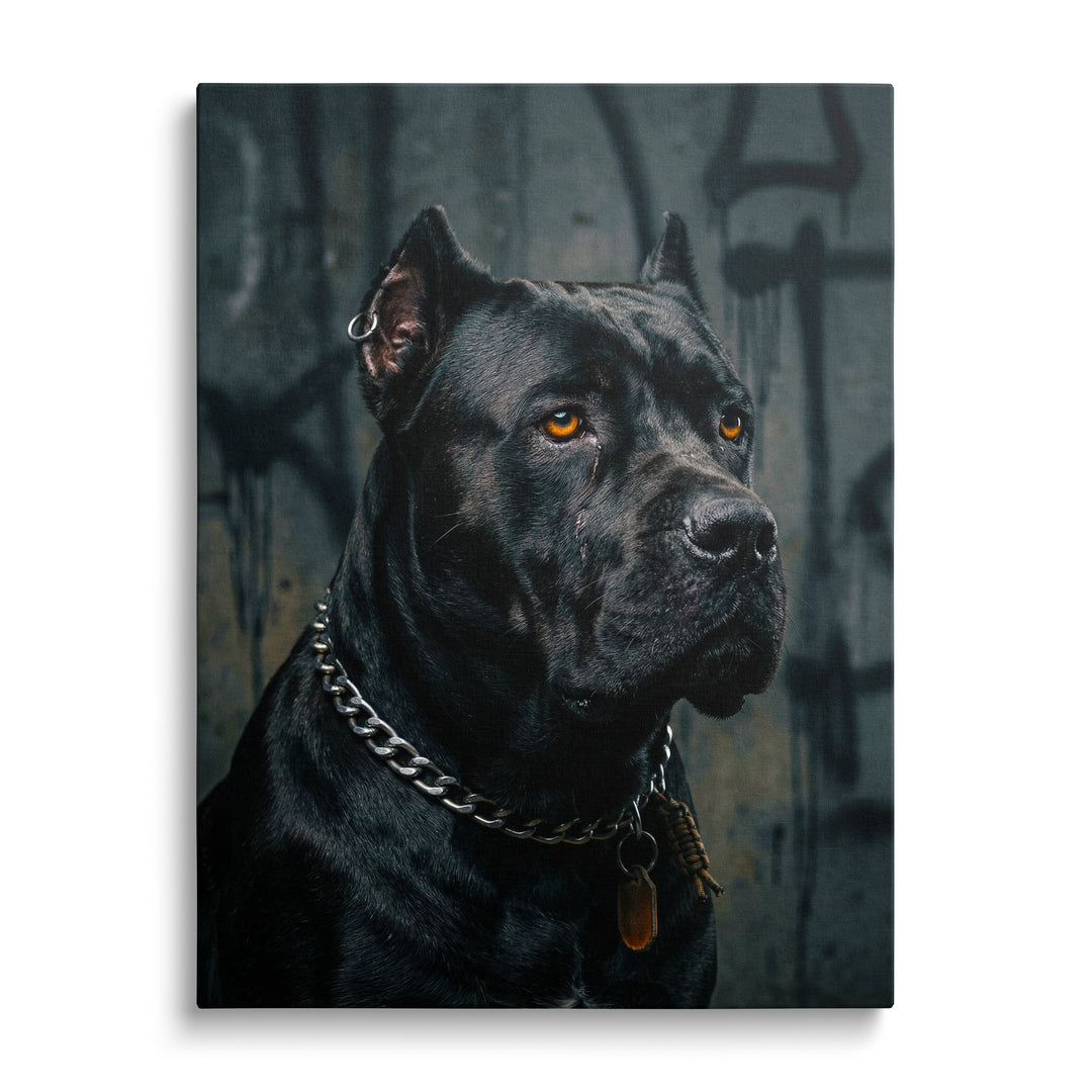 Motivační obraz na plátně s portrétem černého pitbulla na tmavém street art pozadí