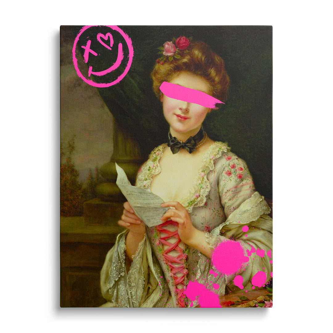 Pop art obraz na plátně, barokní dáma čte dopis, růžové graffiti spreje a žlutý smajlík