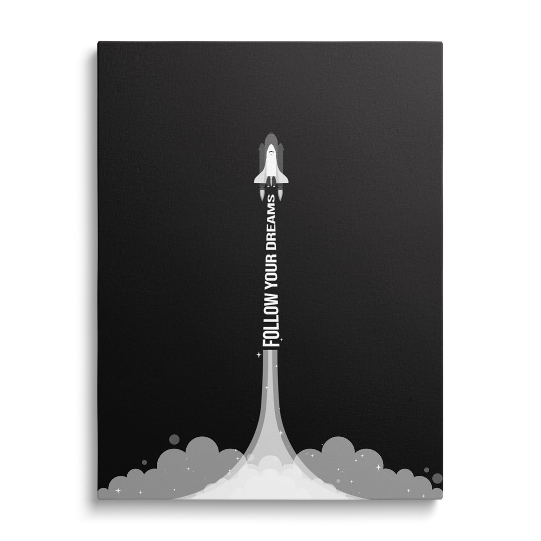 Motivační obraz "Follow Your Dreams" s raketou na černém pozadí.