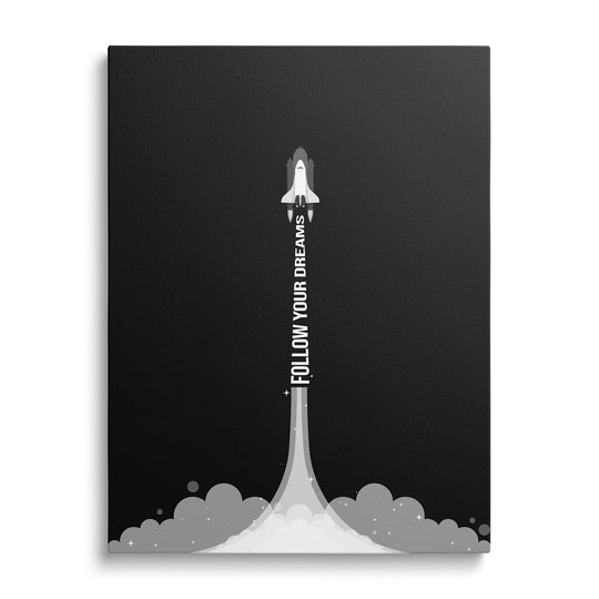 Motivační obraz "Follow Your Dreams" s raketou na černém pozadí.