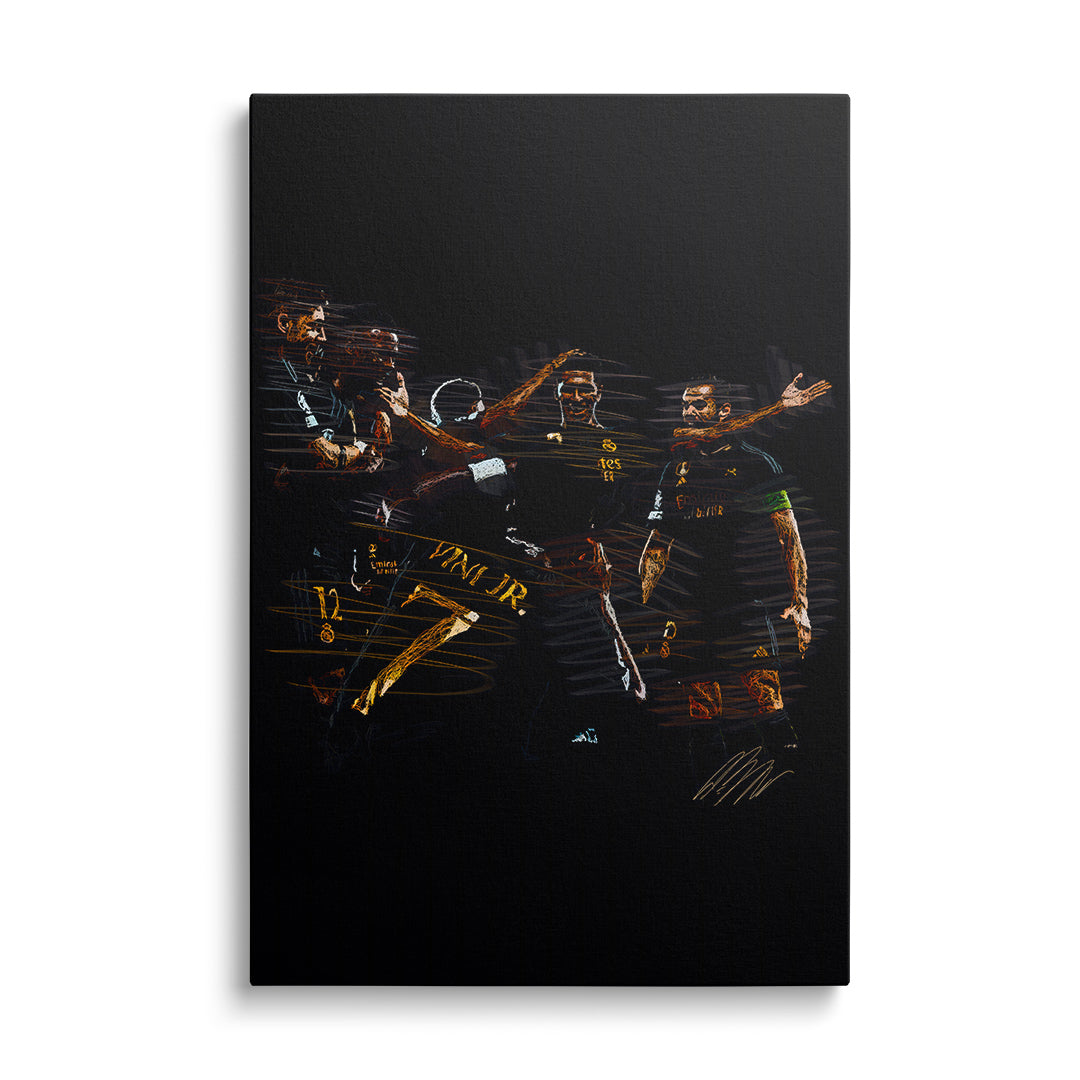 Moderní obraz na plátně s fotbalisty slavícími gól, dynamická sportovní scéna zepředu