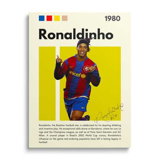 Motivační obraz Ronaldinha v pop art stylu, čelní portrét s fotbalovým motivem a žlutými pruhy