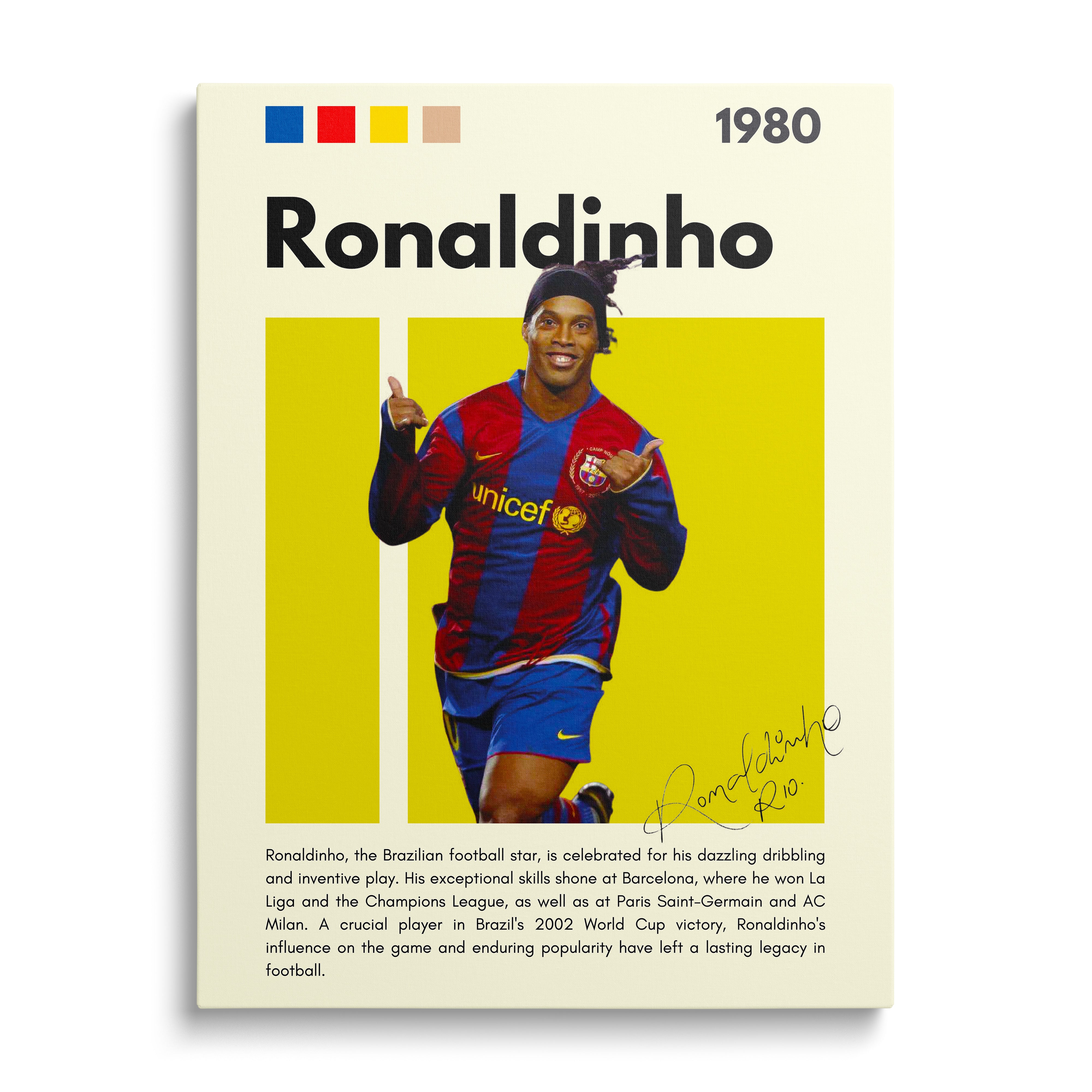 Motivační obraz Ronaldinha v pop art stylu, čelní portrét s fotbalovým motivem a žlutými pruhy
